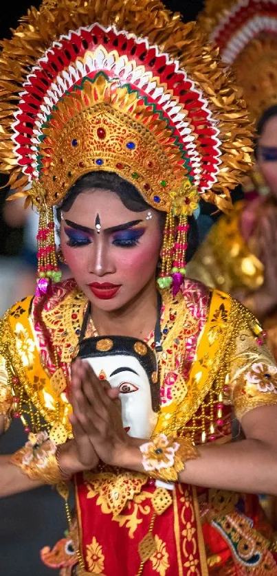 Colorful traditional attire with ornate headpiece and vibrant details.