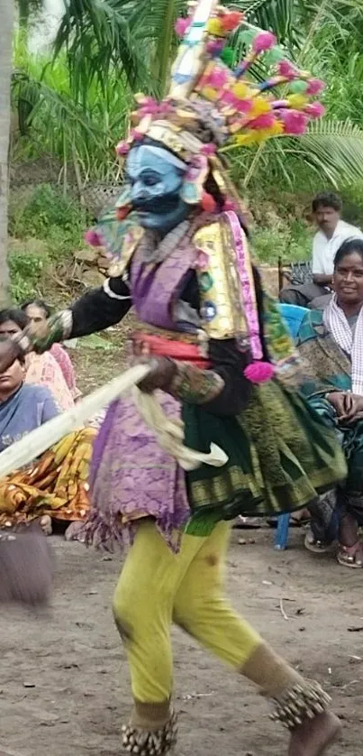 Dancer in vibrant traditional attire performing a cultural dance outdoors.