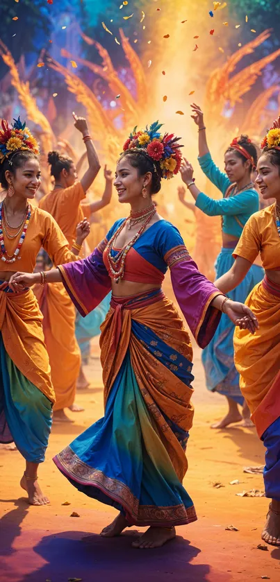 Vibrant cultural dance scene with colorful costumes and joyful expressions.