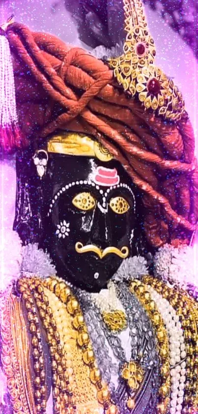 Traditional deity artwork on vibrant mobile wallpaper with purple accents.