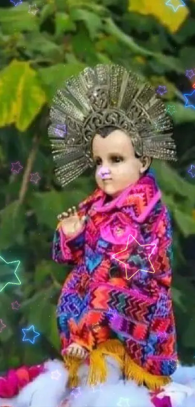 Vibrant cultural doll with leafy background.