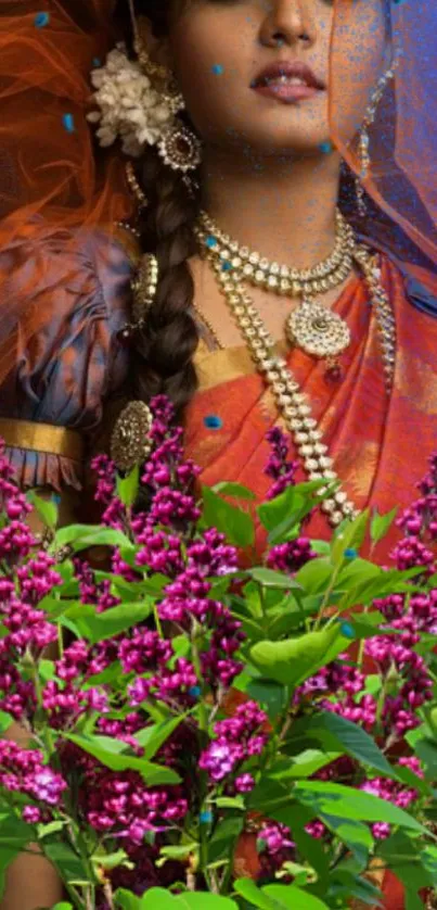 Vibrant cultural wallpaper with traditional attire and flowers.