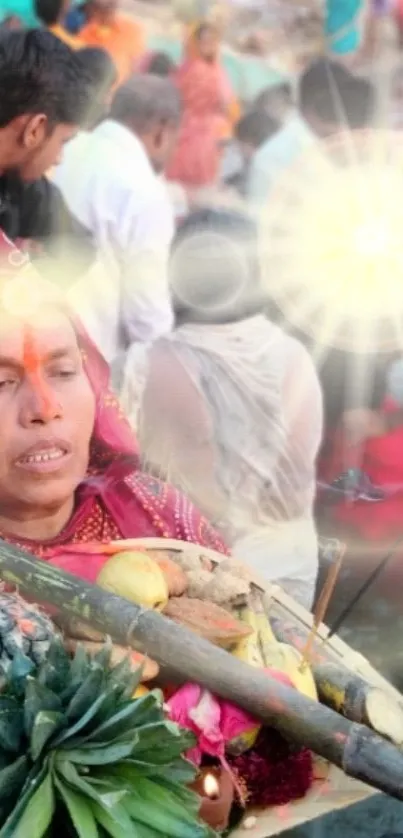 Colorful festival scene with traditional rituals and vibrant colors.