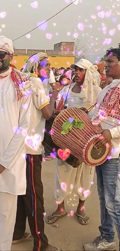 People in traditional attire at a vibrant cultural festival with drums and colorful ambiance.