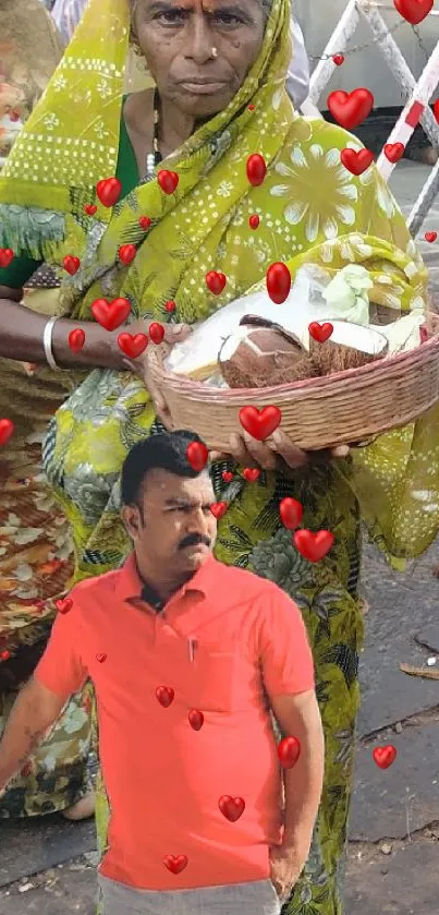 Elderly woman in vibrant sari holds a basket in vibrant street market.