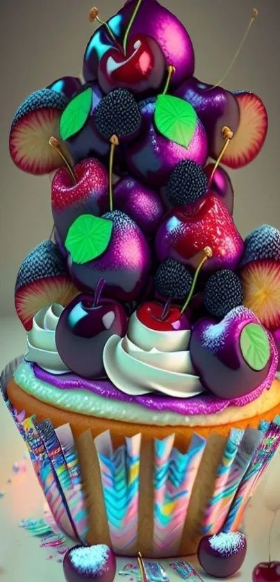 Vibrant cupcake with colorful cherries and berries art.