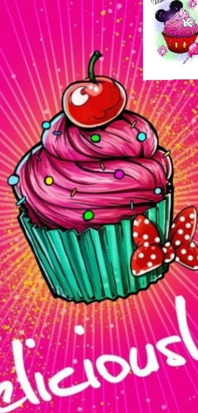 Vibrant cupcake wallpaper with cherry on top.