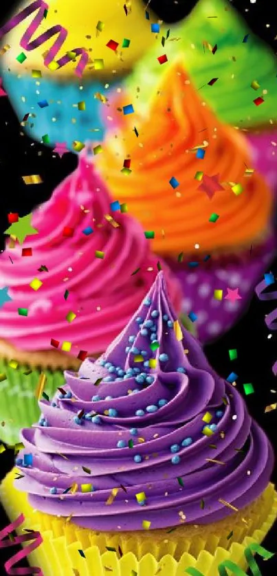 Colorful cupcakes with confetti in vibrant wallpaper.