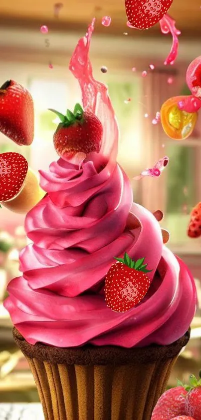 Vibrant pink cupcake with fruits in a cozy kitchen.
