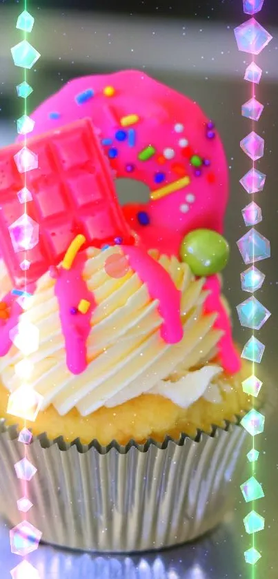 Colorful cupcake wallpaper with pink frosting and sprinkles.