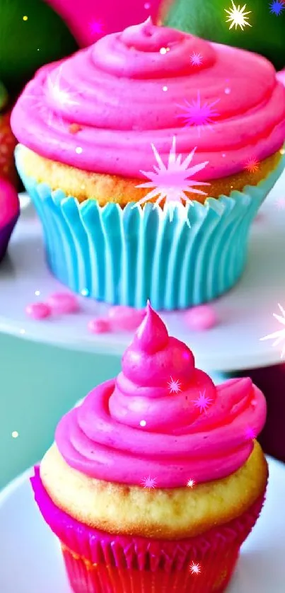 Vibrant cupcake wallpaper with pink frosting and colorful details.