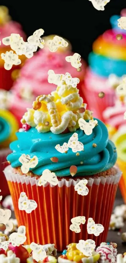 Colorful cupcakes with vibrant icing and popcorn toppings.