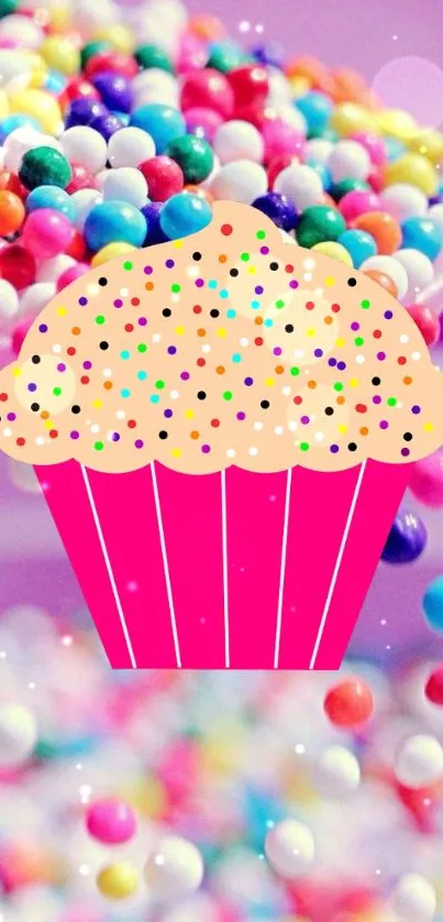 Colorful cupcake wallpaper with candy sprinkles on pink background.