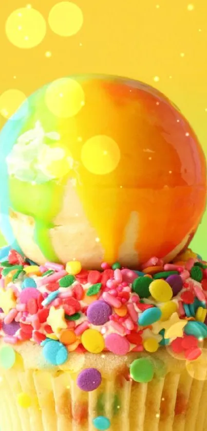 Vibrant cupcake with rainbow ice cream ball and sprinkles.