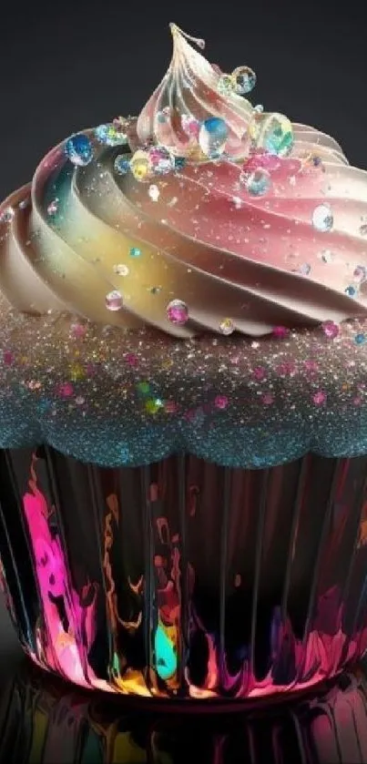 Colorful cupcake with sparkling rainbow frosting on dark background.