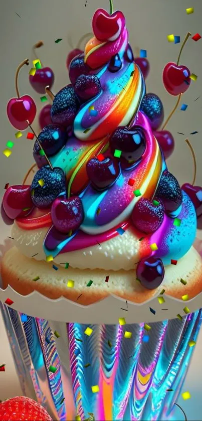 A vibrant rainbow swirl cupcake topped with colorful berries.