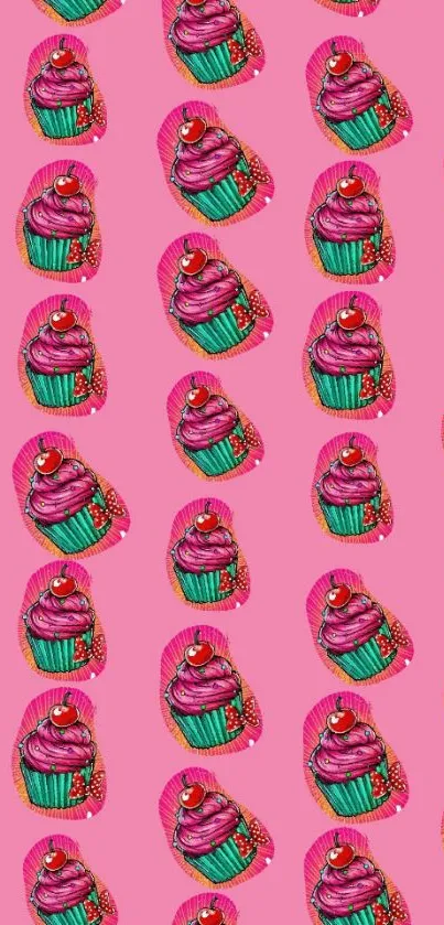 Pink wallpaper with a cupcake pattern.