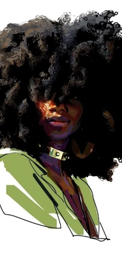 Artistic illustration with curly hair in vibrant fashion.