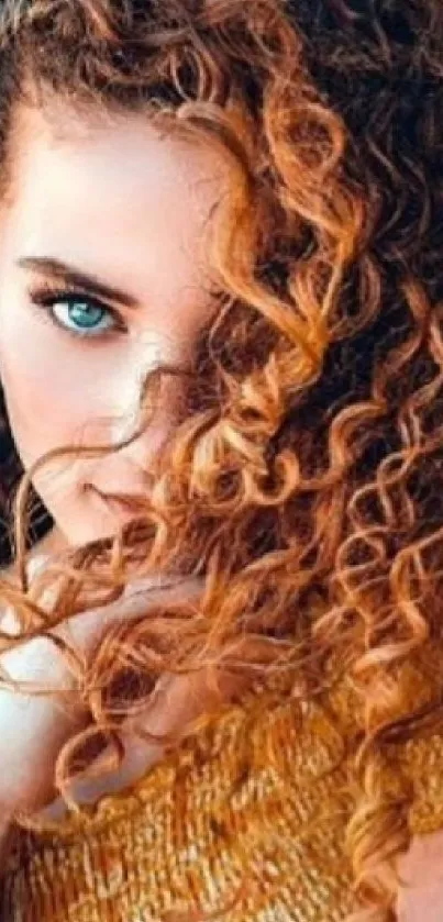 Mobile wallpaper with vibrant curly hair and a captivating gaze.