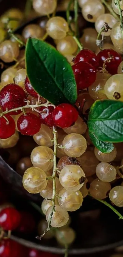 Close-up of red and white currants with green leaves.