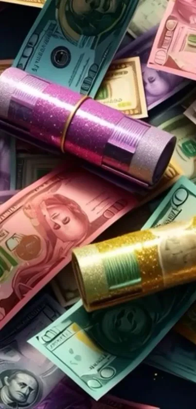 Colorful currency artwork mobile wallpaper with vibrant design.