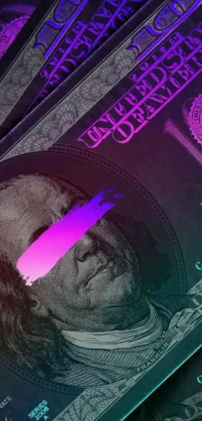 Stylized currency wallpaper with neon pink and purple hues.