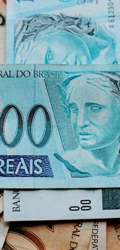 Vibrant Brasilian Real currency wallpaper in blue tones.