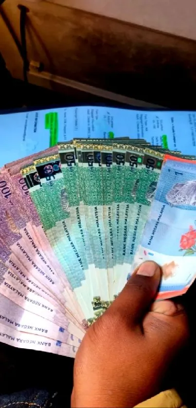 A hand holding colorful currency notes with varied designs.