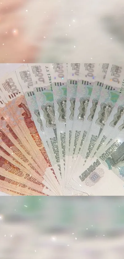 Colorful arrangement of currency notes in a fan design.