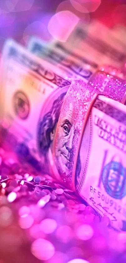 Vibrant dollars surrounded by sparkle.