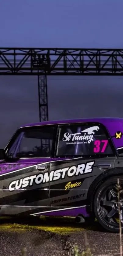 Vibrant custom car with purple accents and bold design in a racing scene.