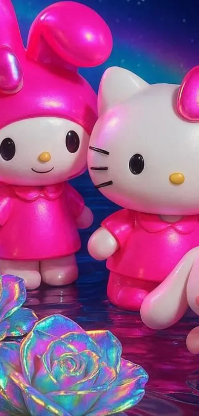 Adorable cartoon characters with colorful roses in a vibrant design.