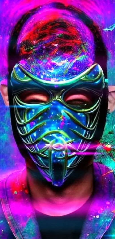 Vibrantly colored cyber mask with neon highlights and abstract backdrop.