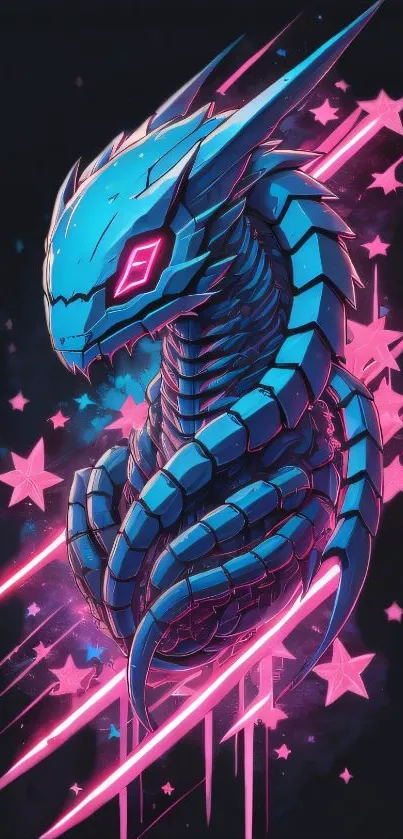 Cyber dragon with blue and pink colors, accented by stars.