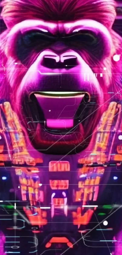 Neon purple cyberpunk gorilla digital art wallpaper.