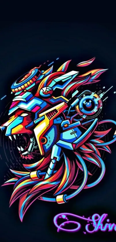 Vibrant cyber lion with neon colors on dark background.