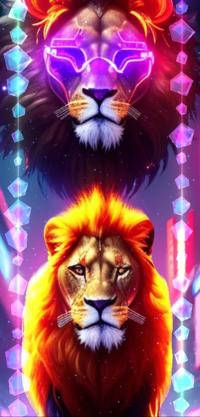 Neon cyber lions with vibrant colors in a futuristic digital art style.