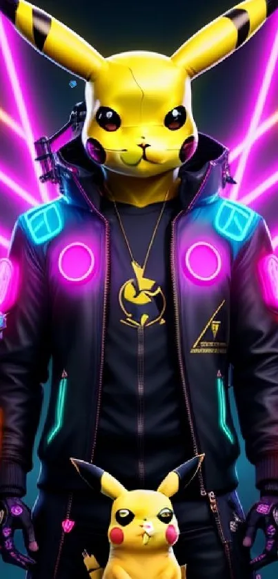 Vibrant cyberpunk Pikachu wallpaper with neon lights.