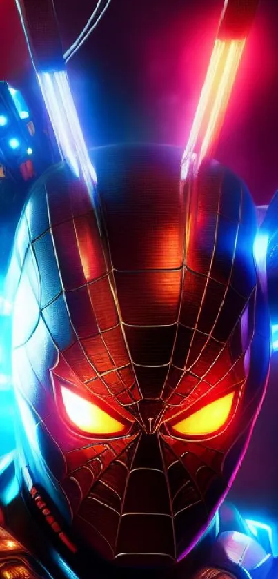 Cybernetic spider-man artwork with neon lights and vibrant colors.