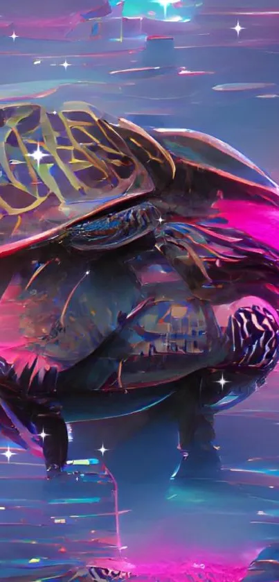 Futuristic neon turtle artwork in vibrant colors.