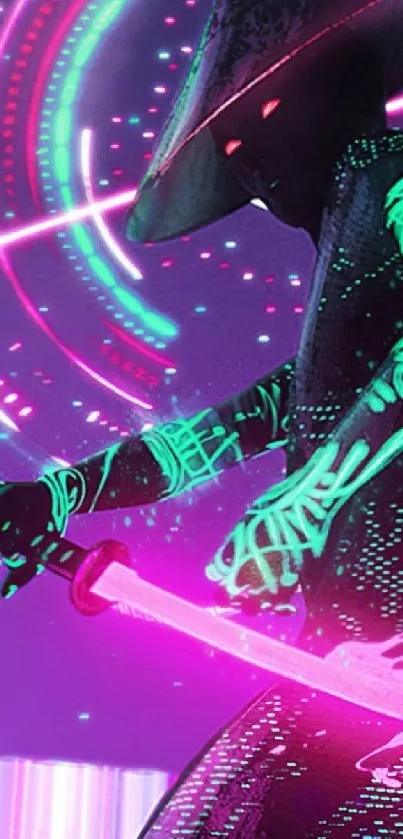 Neon cyberpunk warrior with glowing sword in vibrant digital art.