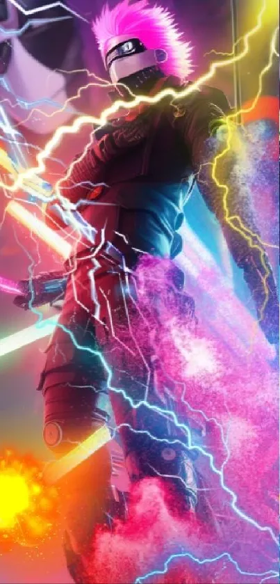 Vibrant neon cyber warrior with electric effects and colorful design.