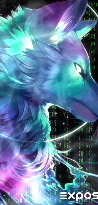 Vibrant cyber wolf with glowing teal and neon effects on a digital background.