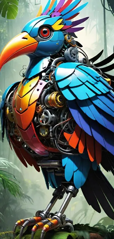 Colorful cybernetic bird in jungle setting mobile wallpaper.
