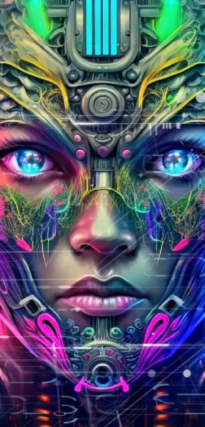 Futuristic cybernetic face with vibrant neon colors.