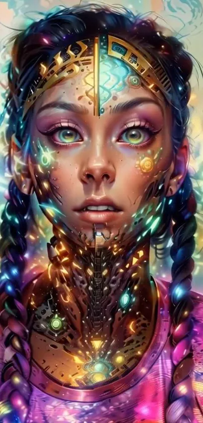 Colorful cybernetic portrait with neon glow.