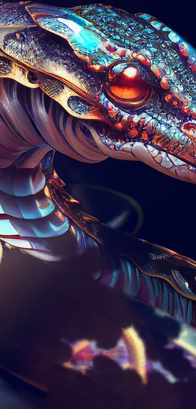 Digital art of a colorful, cybernetic serpent with intricate patterns.