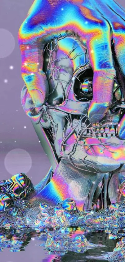 Vibrant cybernetic skull with neon hues emerging from water.