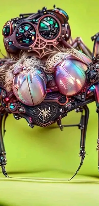 Futuristic cybernetic spider with colorful, metallic design on lime green background.