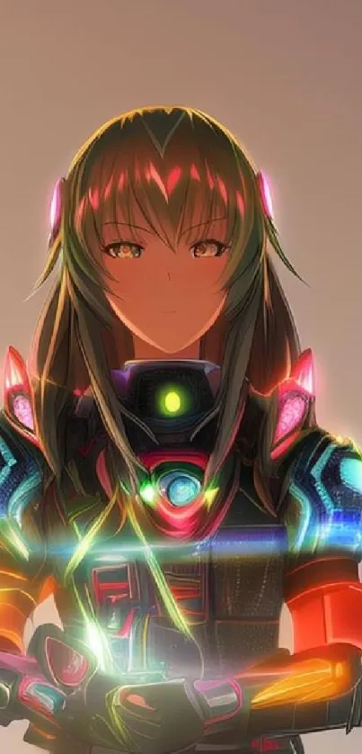 Futuristic woman in neon armor surrounded by vibrant colors.